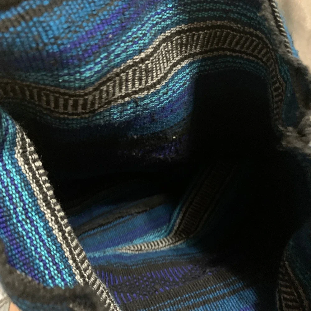 Lillo Woven Drug Rug Backpack Blue Black Striped Boho Drawstring Rucksack